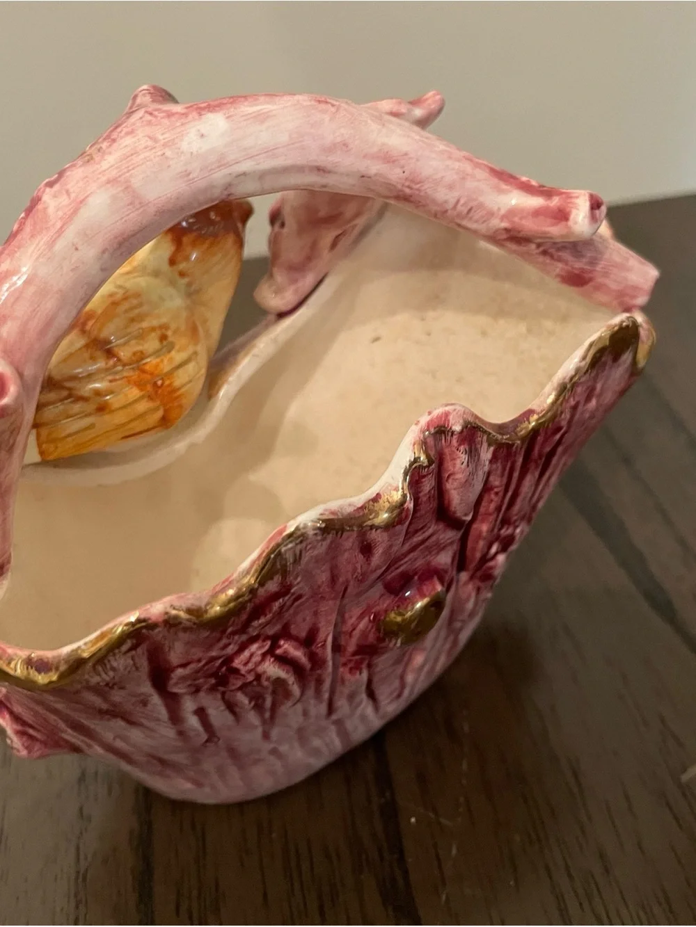 Vintage Pink and Gold Ceramic Basket with Yellow Bird